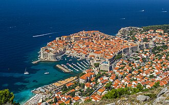 Dubrovnik old town and Adriatic coastline seen from above.